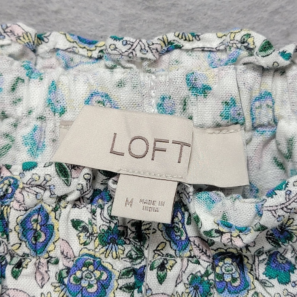 Loft Linen Ditsy Floral Shirt Women M Top Cottagecore Pullover Ruffle Sleeveless - Picture 7 of 13